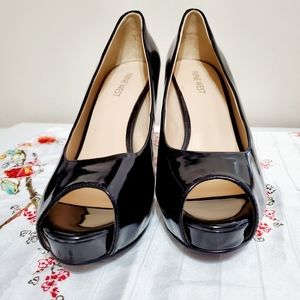 Nine West Patent Black Leather Peep Toe Heels